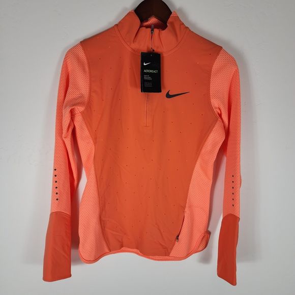 Nike Running Jacket Womens Small Orange AeroReact Hybrid Half Zip Track Logo - Picture 1 of 10